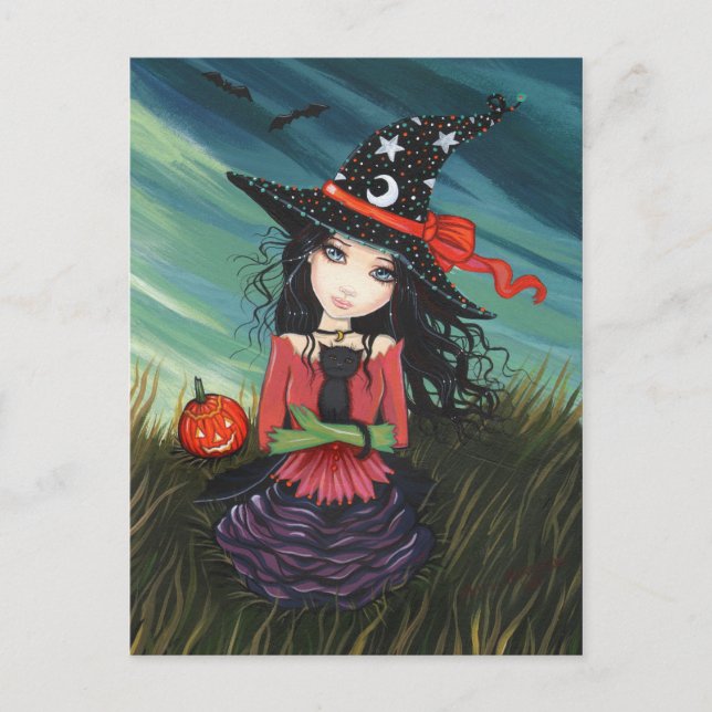 Postale Carte de vœux Halloween Sorcière Chat noir (Devant)