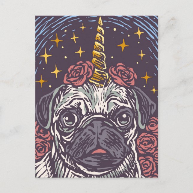 Postale Carte de vœux licorne pug anniversaire (Devant)