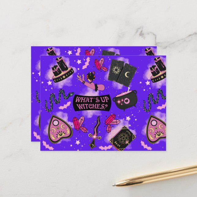 Postale Carte de voeux Pastel Witch - Kawaii Witchcore (Devant/Arrière en situation)