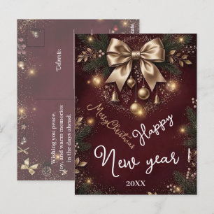 Postale Carte de vœux vintage Noël Bourgogne Rouge Or