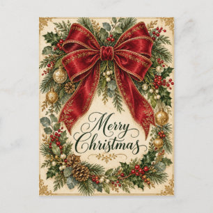 Postale Carte de vœux vintage Noël Couronne de ruban rouge