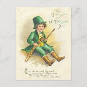 Postale Carte de vœux vintage Saint-Patrick avec lutin fil