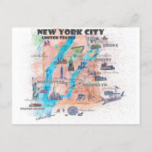 Postale Carte de voyage de New York avec carte des rues