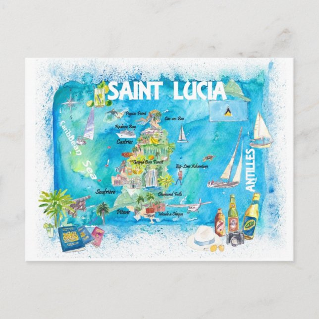 Postale Carte de voyage des Caraïbes illustrée de Sainte-L (Devant)