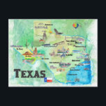 Postale Carte de voyage du Texas aux États-Unis avec les i<br><div class="desc">Carte de voyage Texas États-Unis avec les incontournables</div>