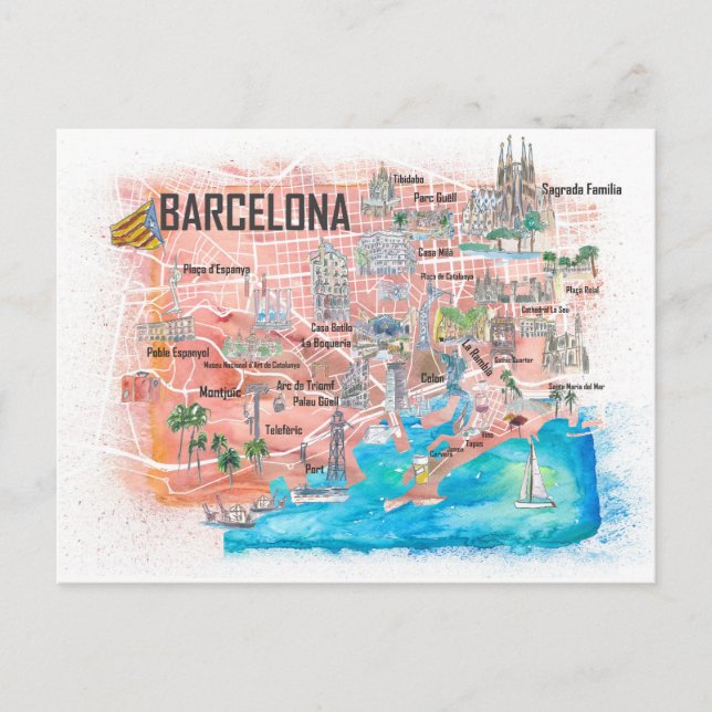 Postale Carte de voyage illustrée de Barcelone avec les ro (Devant)