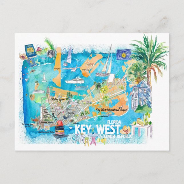 Postale Carte de voyage illustrée de Key West Floride avec (Devant)