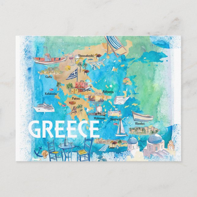 Postale Carte de voyage illustrée de la Grèce avec des mon (Devant)