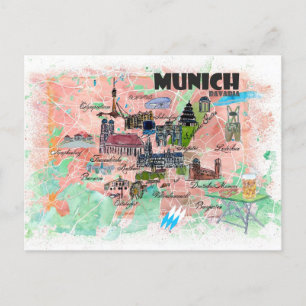 Postale Carte de voyage illustrée de Munich Bavière