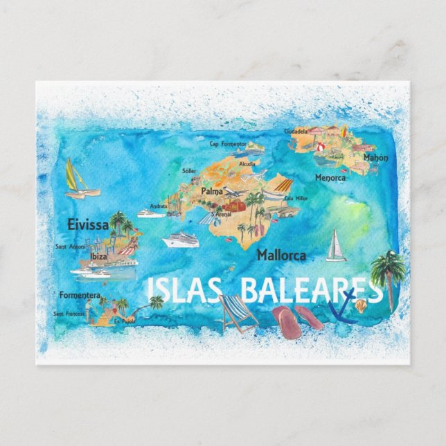 Postale Carte de voyage illustrée des Baléares (Devant)