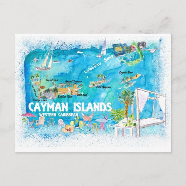 Postale Carte de voyage illustrée des îles Caïmans avec ro (Devant)