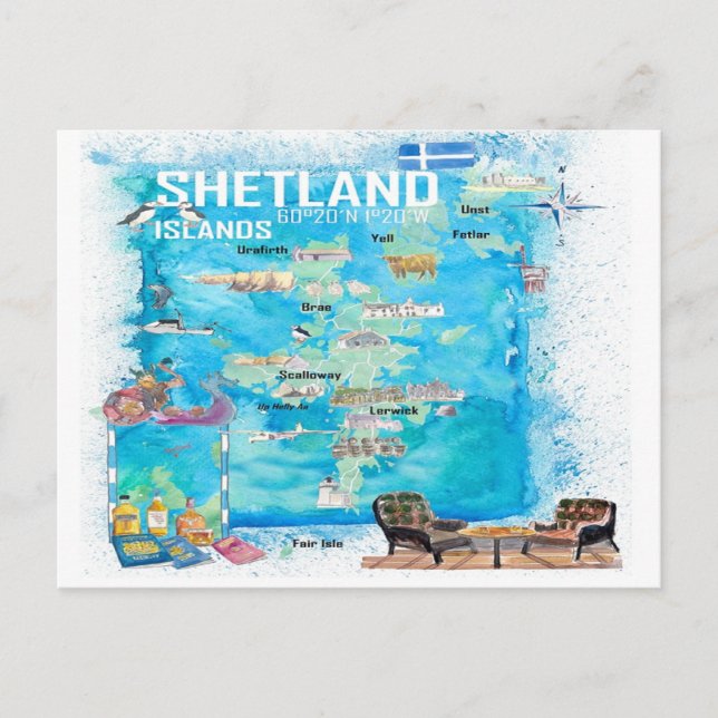 Postale Carte de voyage illustrée des îles Shetland (Devant)
