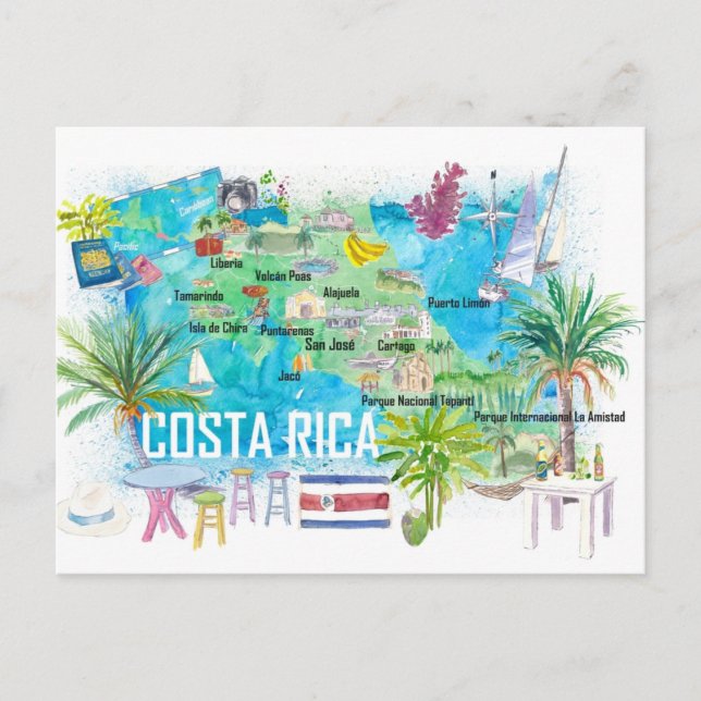 Postale Carte de voyage illustrée du Costa Rica avec route (Devant)
