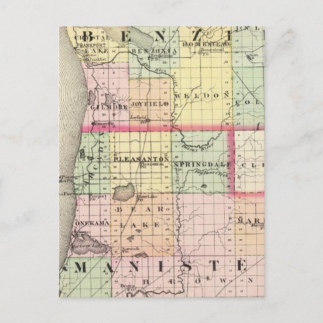 Postale Carte des comtés de Benzie et Manistee, Michigan (Devant)