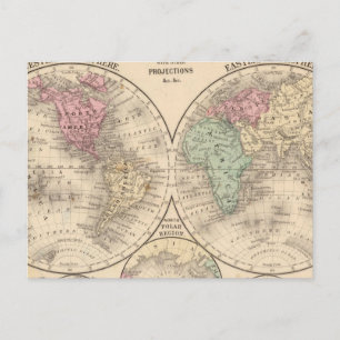 Postale Carte des hémisphères du monde par Mitchell