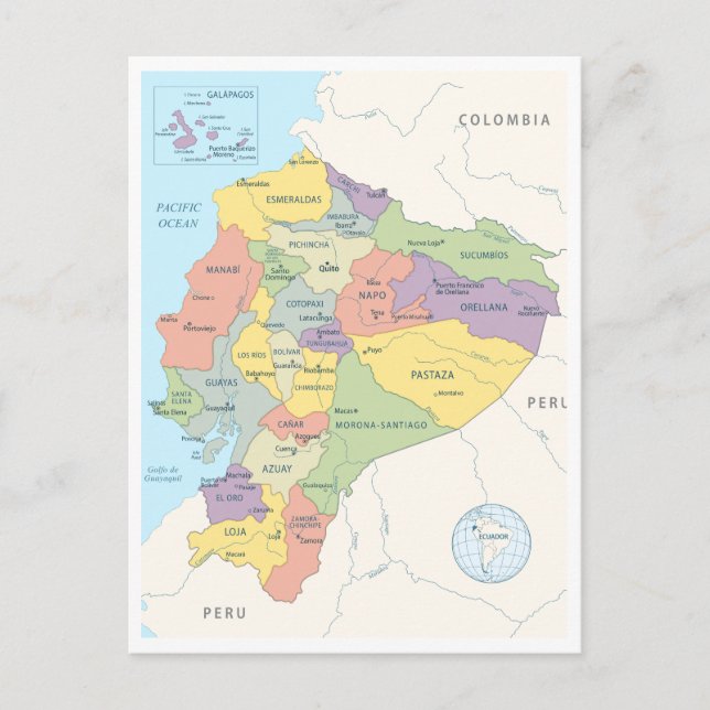 Postale Carte détaillée de l'Equateur (Devant)