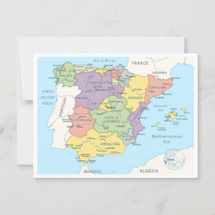Postale Carte détaillée de l'Espagne