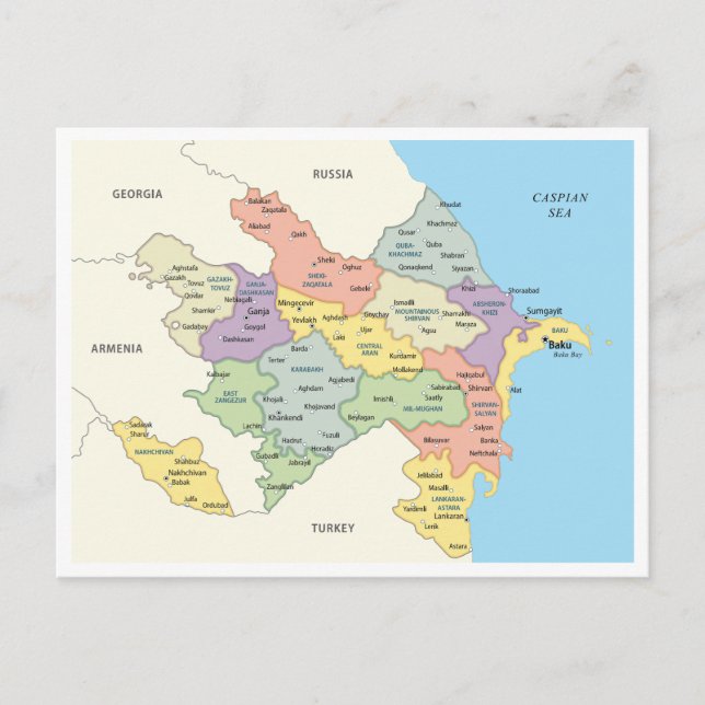 Postale Carte détaillée des régions d'Azerbaïdjan (Devant)