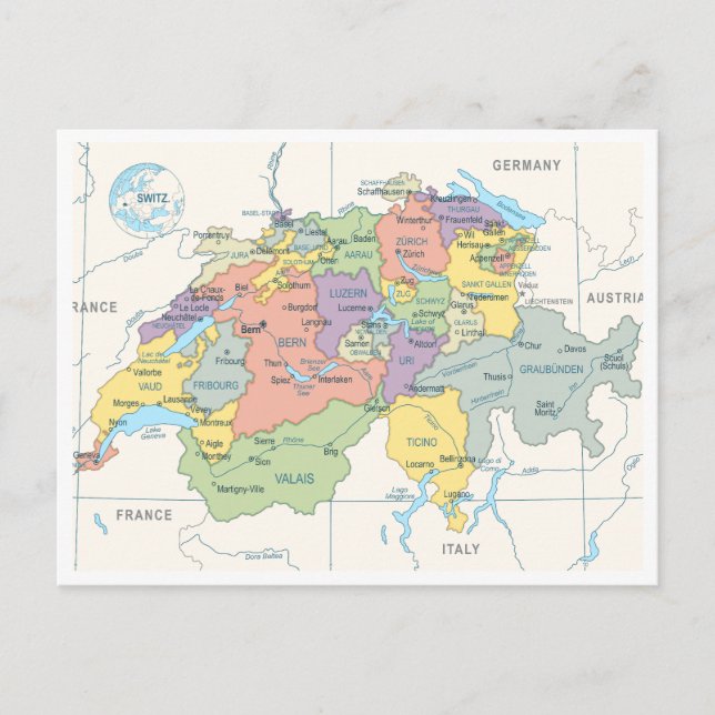 Postale Carte détaillée des régions de Suisse (Devant)