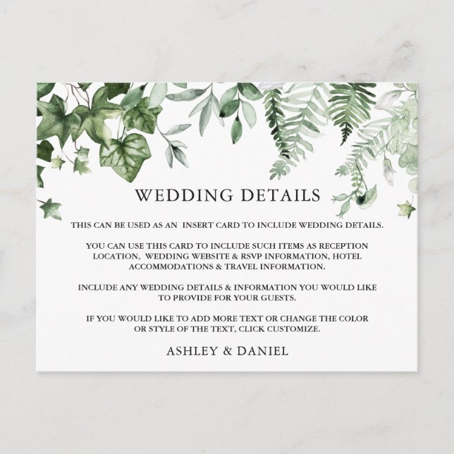 Postale Carte Détails du Mariage Iv Sage Ferns Watercolor (Devant)