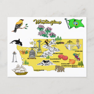 Postale Carte d'état de Washington avec destinations touri