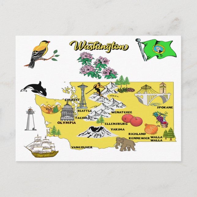 Postale Carte d'état de Washington avec destinations touri (Devant)