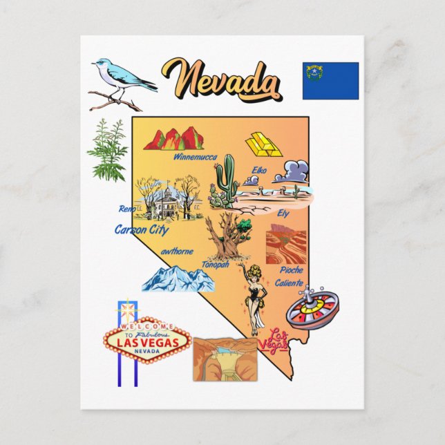 Postale Carte d'état du Nevada avec destinations touristiq (Devant)