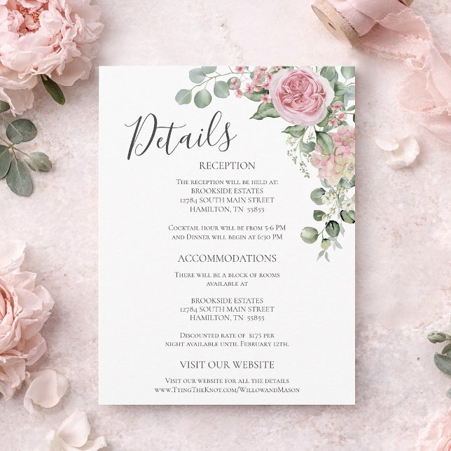 Postale Carte d'information de mariage à la rose florale r (Pink Floral Rose Wedding Details Enclosure Card)