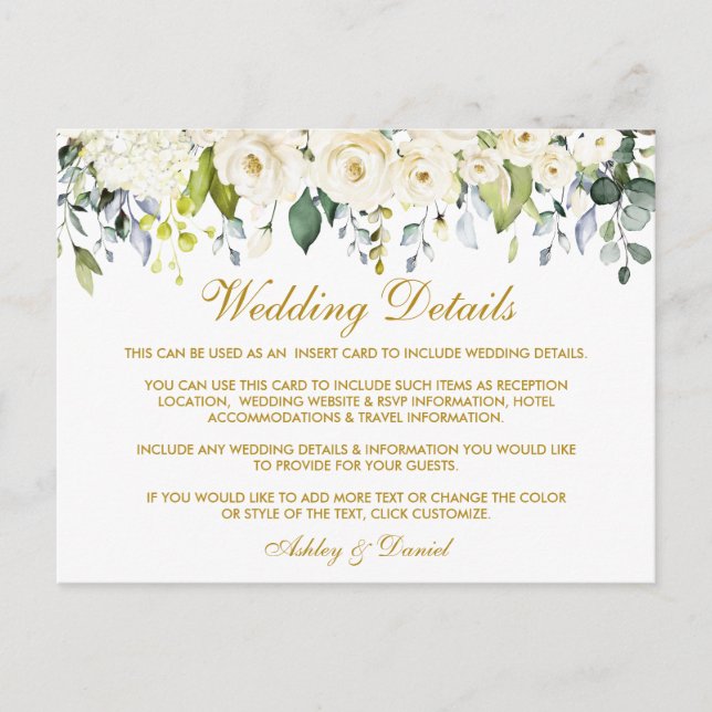 Postale Carte d'informations sur le Mariage Floral Blanc D (Devant)