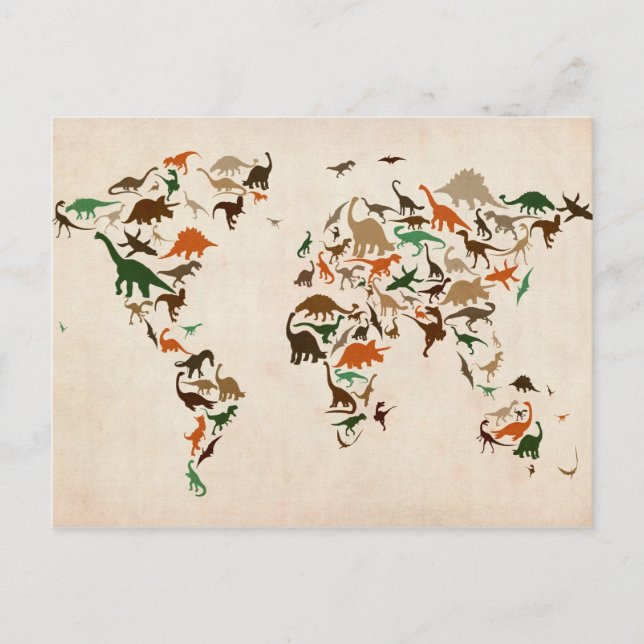 Postale Carte Dinosaur de la carte du monde (Devant)