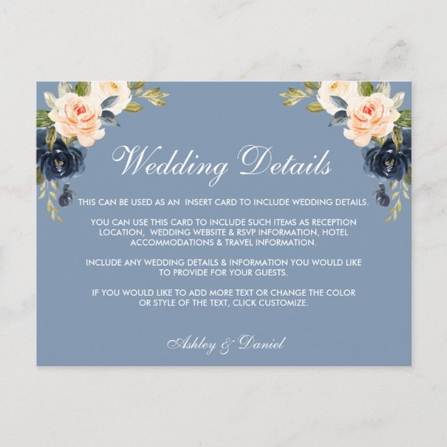 Postale Carte d'insertion de détails de mariage Dusty Blue (Devant)