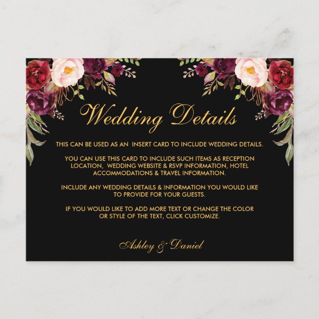 Postale Carte d'insertion de détails de mariage floral bur (Devant)