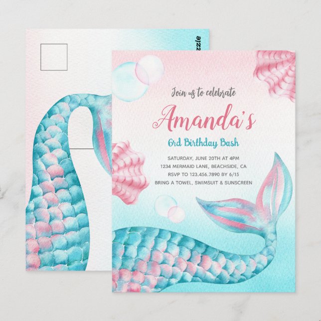 Postale Carte d'invitation d'anniversaire Budget Sirène aq (Devant / Derrière)