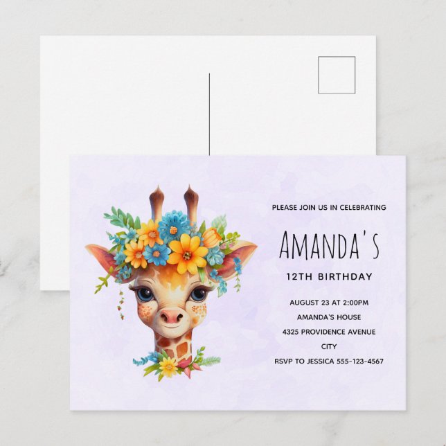 Postale Carte d'invitation d'anniversaire Girafe Mignon av (Devant / Derrière)