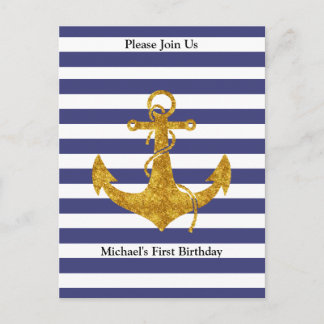 Postale Carte d'invitation de fête avec ancre dorée sur ba