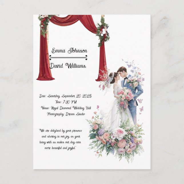 Postale Carte d'invitation de mariage florale élégante – R (Devant)
