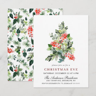Postale Carte d'invitation Holly Berry Tree Christmas Eve