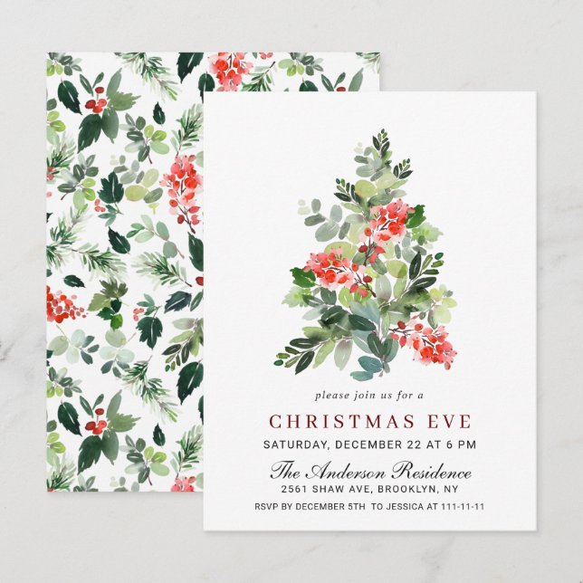 Postale Carte d'invitation Holly Berry Tree Christmas Eve (Devant / Derrière)