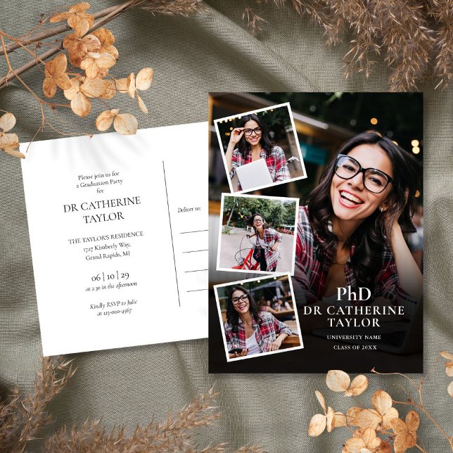 Postale Carte d'invitation pour une fête de remise de dipl (PhD Degree 4 Photo Graduation Party Invitation Postcard)