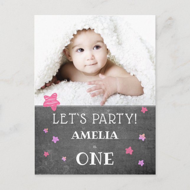 Postale Carte d'invitation rose pour un 1er anniversaire a (Devant)