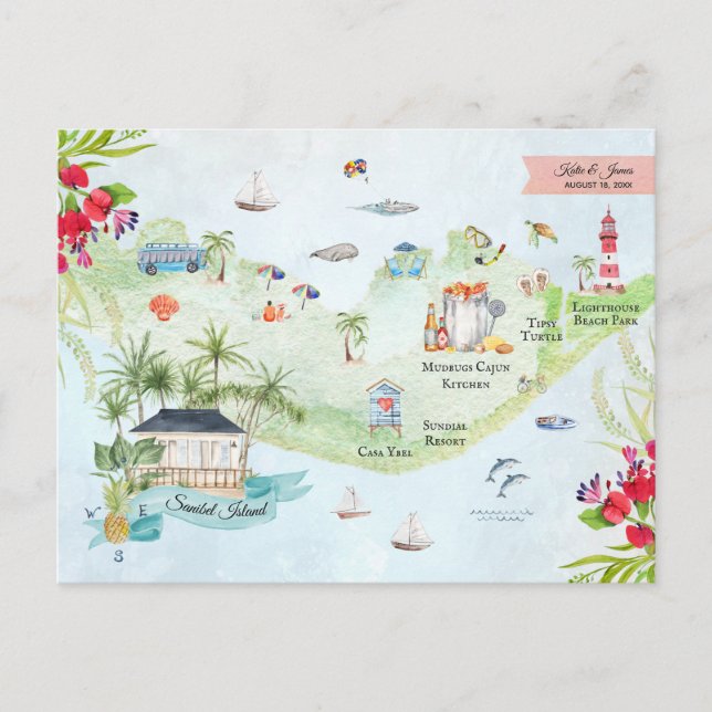 Postale Carte d'itinéraire de mariage de destination | Île (Devant)