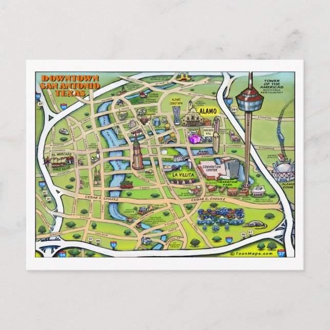 Postale Carte du centre-ville de San Antonio (Devant)