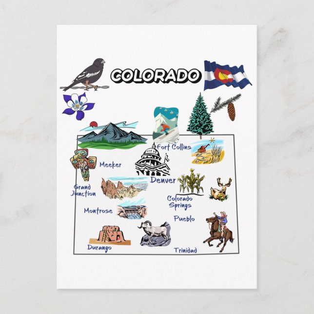 Postale Carte du Colorado avec destinations touristiques (Devant)