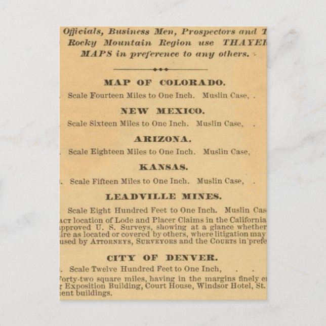 Postale Carte du Colorado par Thayer (Devant)