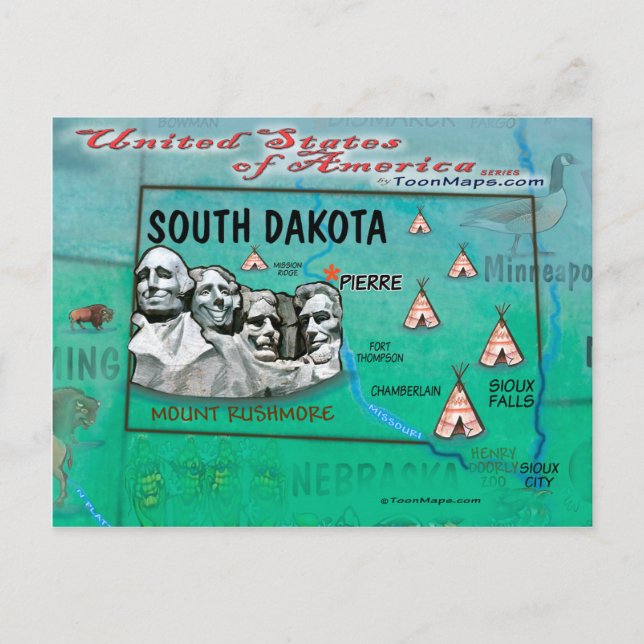 Postale Carte du Dakota du Sud États-Unis (Devant)
