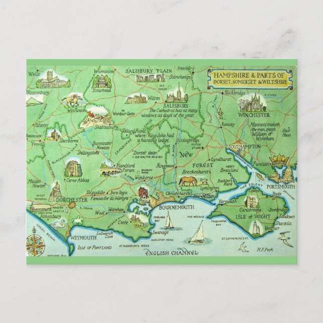 Postale Carte du Hampshire Angleterre illustrée de manière (Devant)