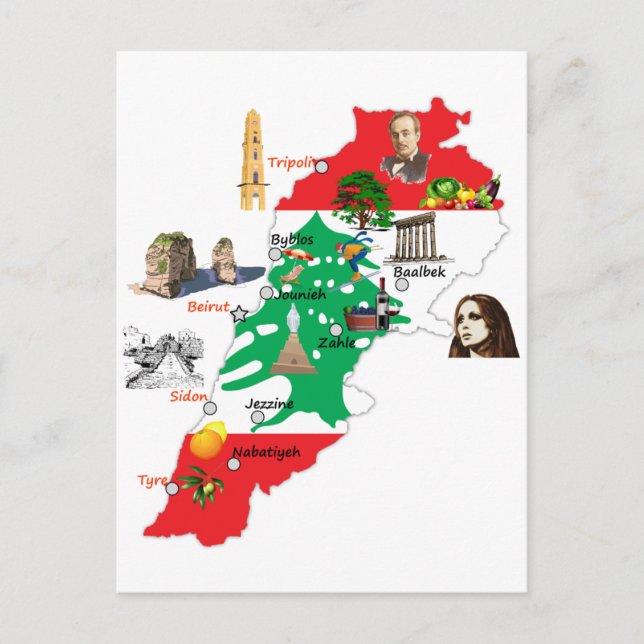 Postale Carte du Liban, noms des principales villes libana (Devant)