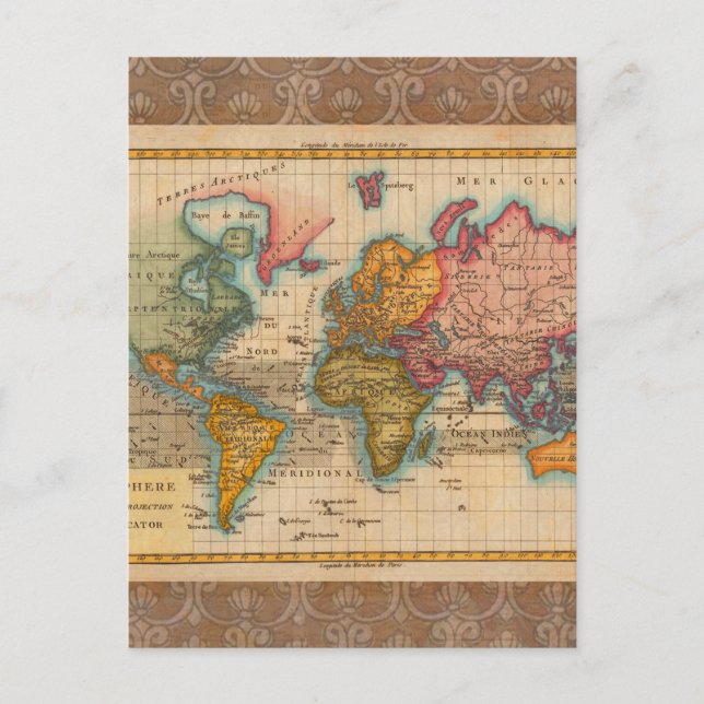 Postale Carte du monde 1700s Antique Continents (Devant)