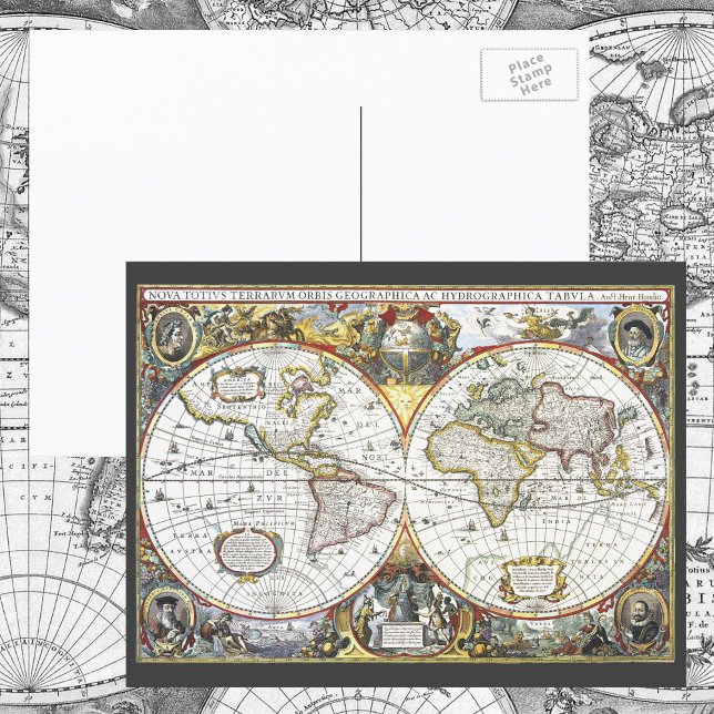Postale Carte du monde antique par Hendrik Hondius, 1630 (Créateur téléchargé)