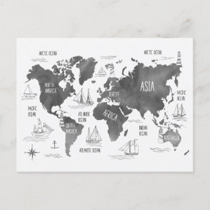 Postale Carte du monde Art noir blanc Nautique